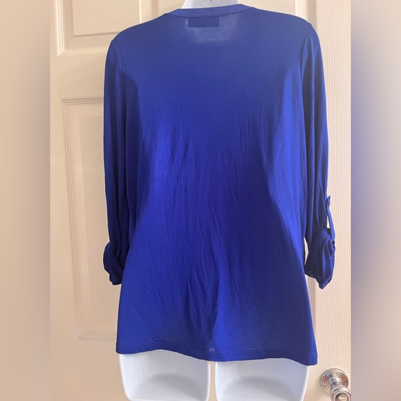 NWT INC Cerulean Blue rolled sleeve v-neck pull-over Blouse Petite Large - Picture 2 of 9